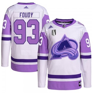 Jean-Luc Foudy Colorado Avalanche Adidas Authentic Hockey Fights Cancer Primegreen 2022 Stanley Cup Final Patch Jersey (White/Purple)