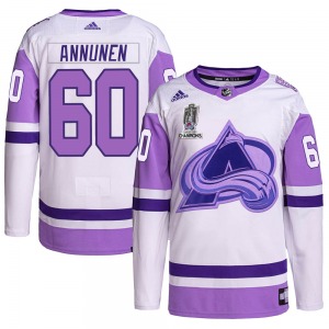 Justus Annunen Colorado Avalanche Adidas Youth Authentic Hockey Fights Cancer 2022 Stanley Cup Champions Jersey (White/Purple)