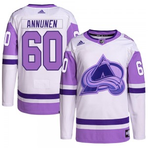 Justus Annunen Colorado Avalanche Adidas Authentic Hockey Fights Cancer Primegreen Jersey (White/Purple)